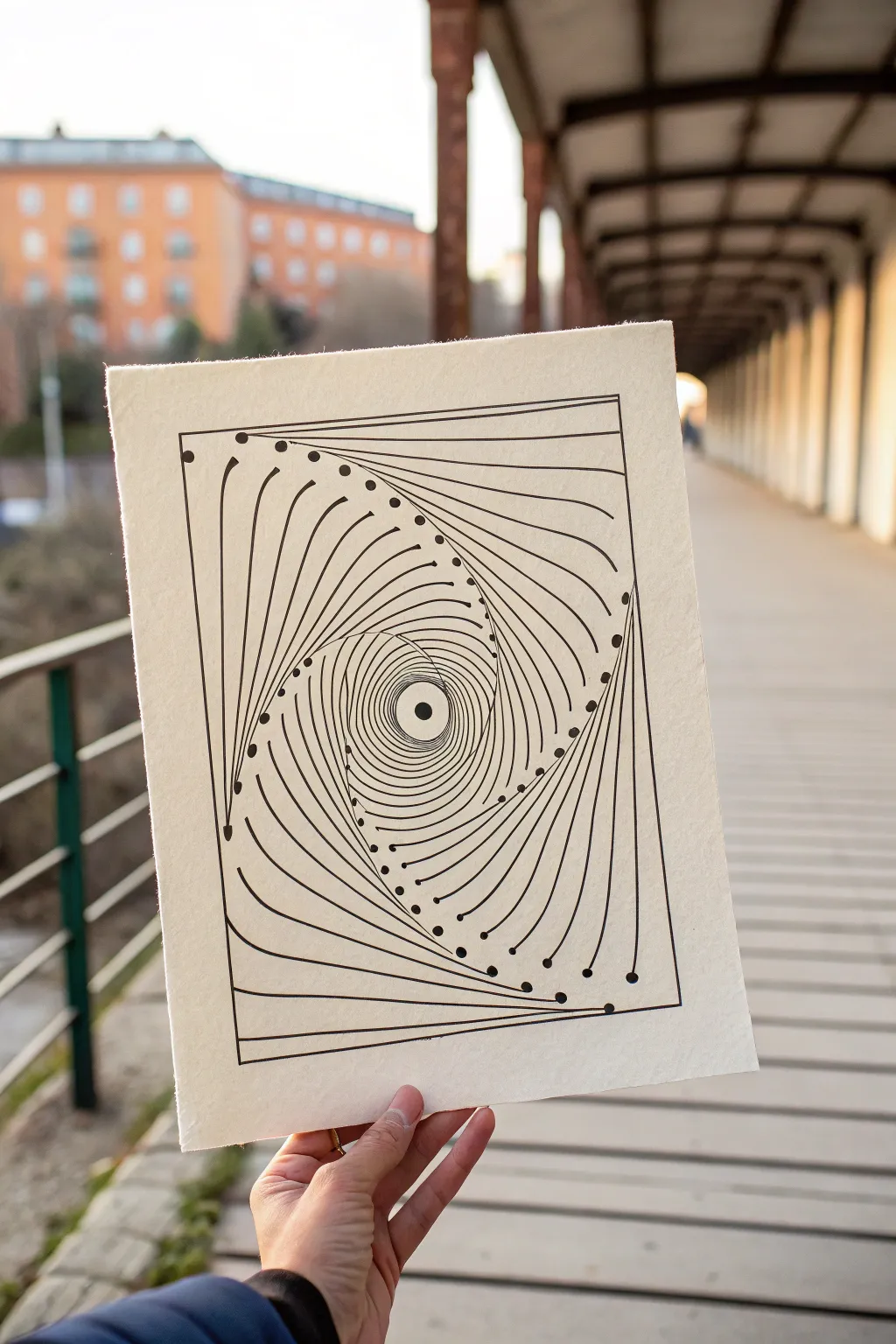 Optical illusion ripple lines in crisp black ink, a minimalist tunnel effect for line art lovers.