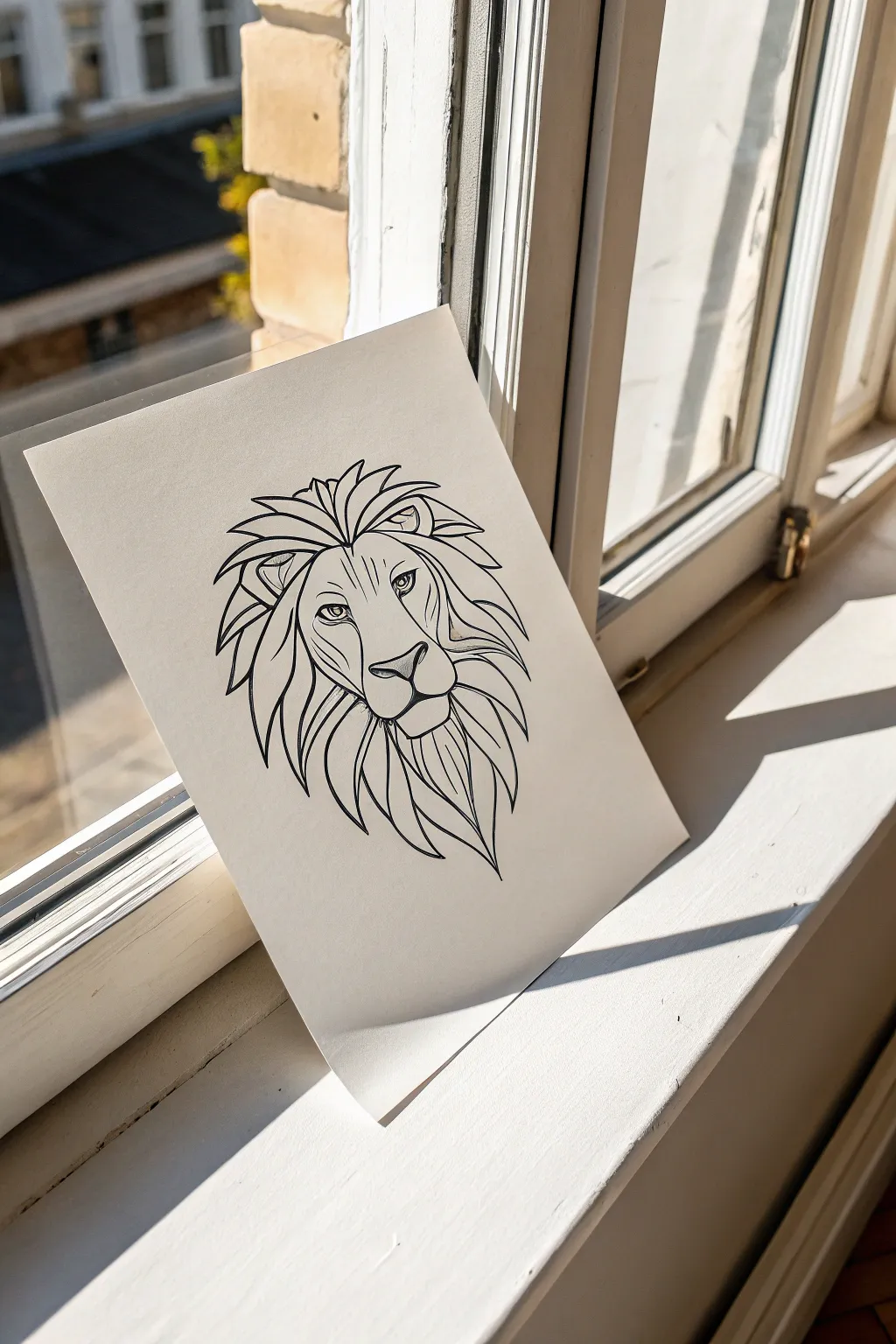 Minimal line-art lion face in crisp black ink, airy white space for a modern boho vibe.