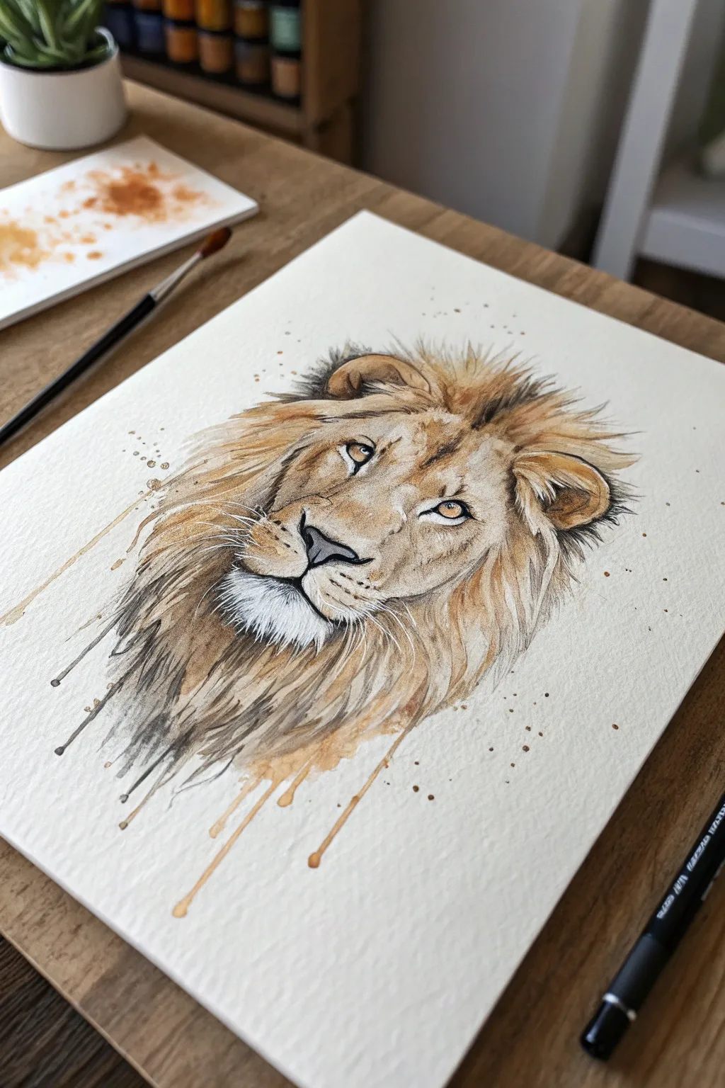 Bold lion portrait with clean eyes, earthy splatter mane, and intentional drips on crisp paper