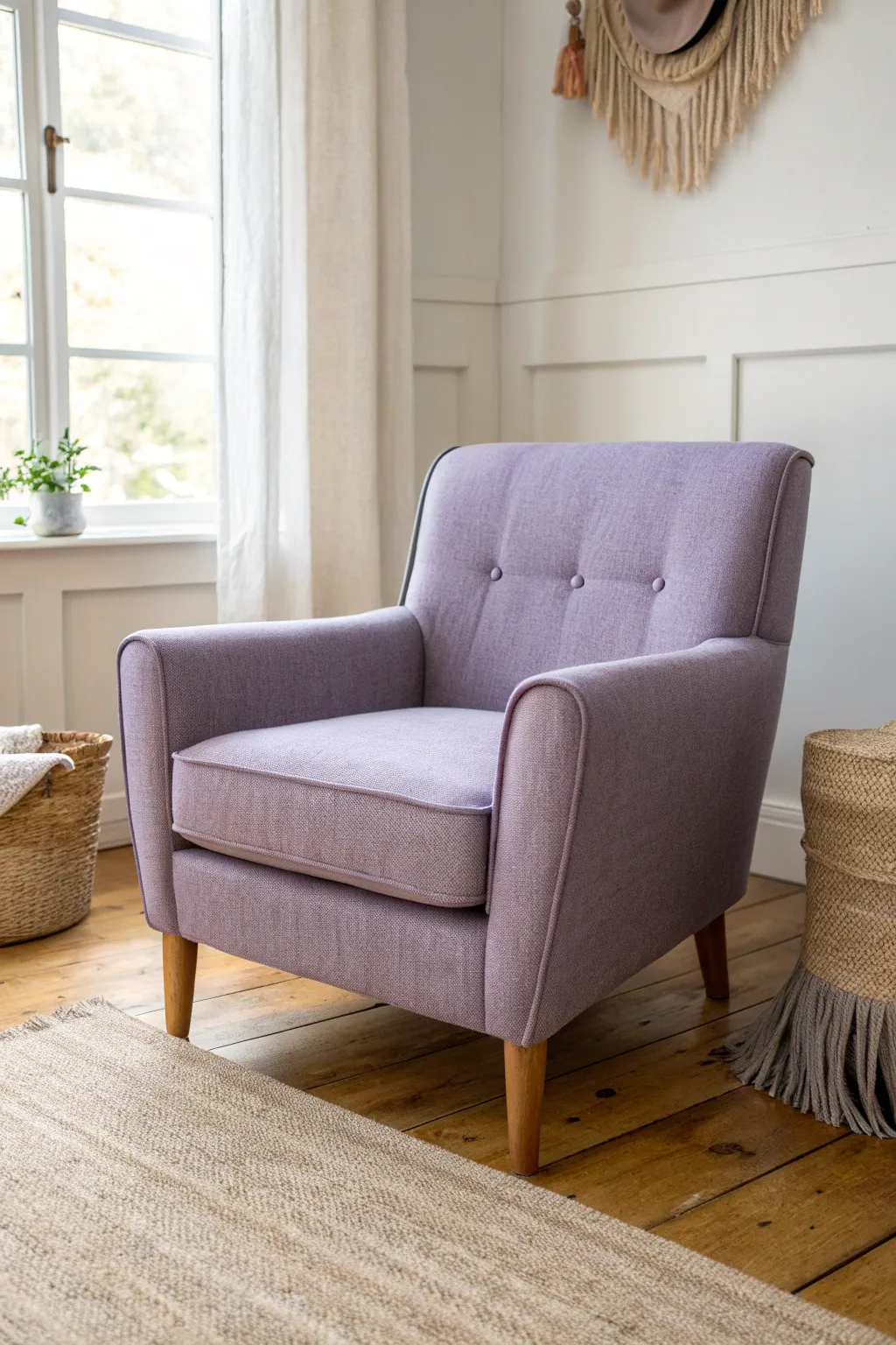 Lavender-gray armchair in soft daylight, balanced with warm neutrals for a calm, grown-up vibe.