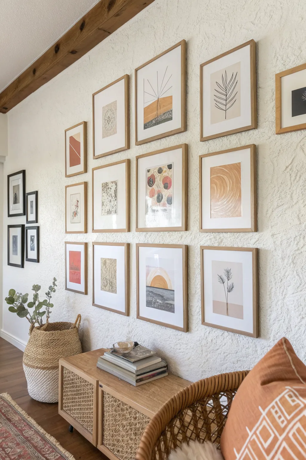 Go big with a calm gallery wall above a linen sofa, mixed frames with Scandinavian boho ease.