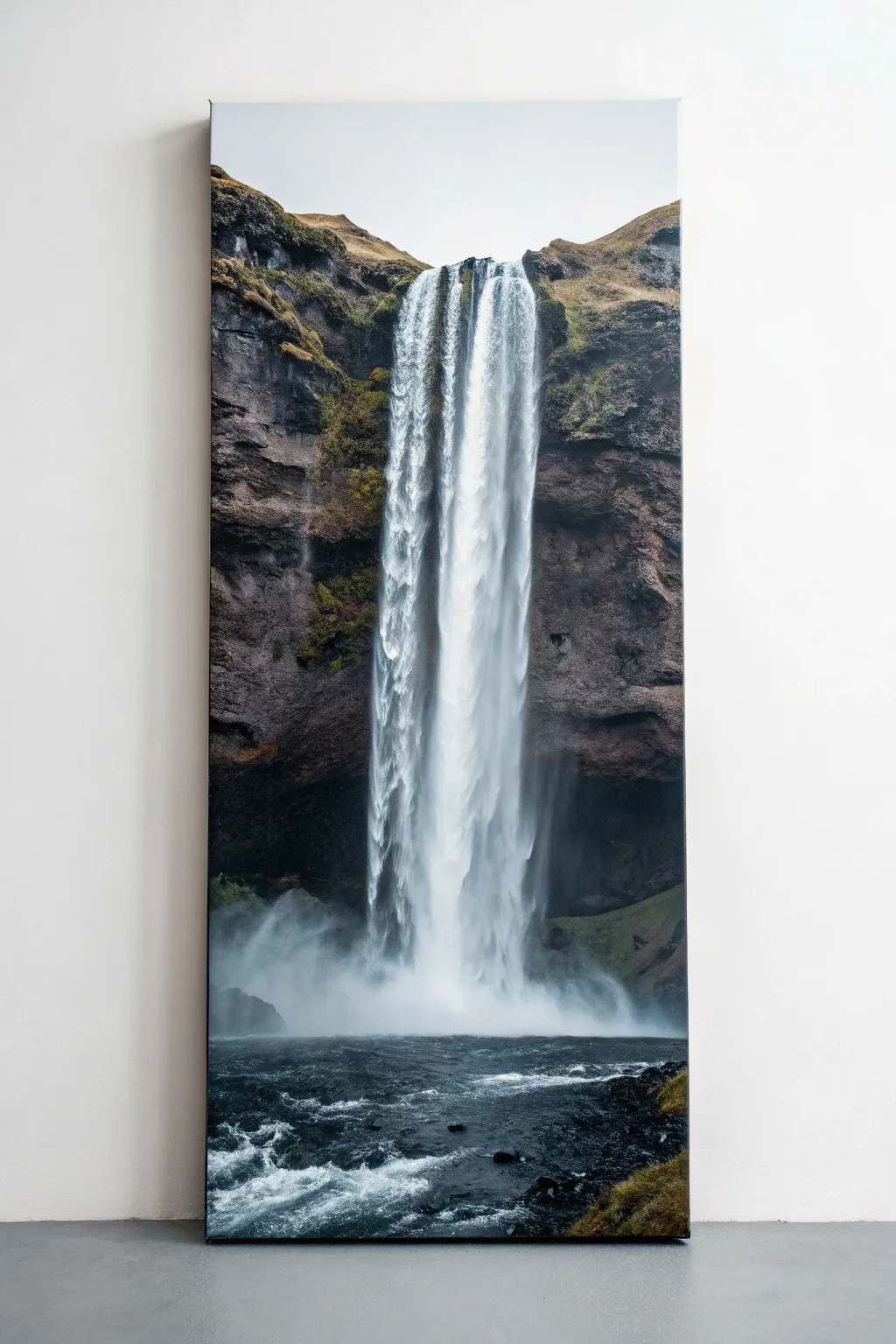 Vertical waterfall canvas idea with cool grays, bright whites, and misty splash texture