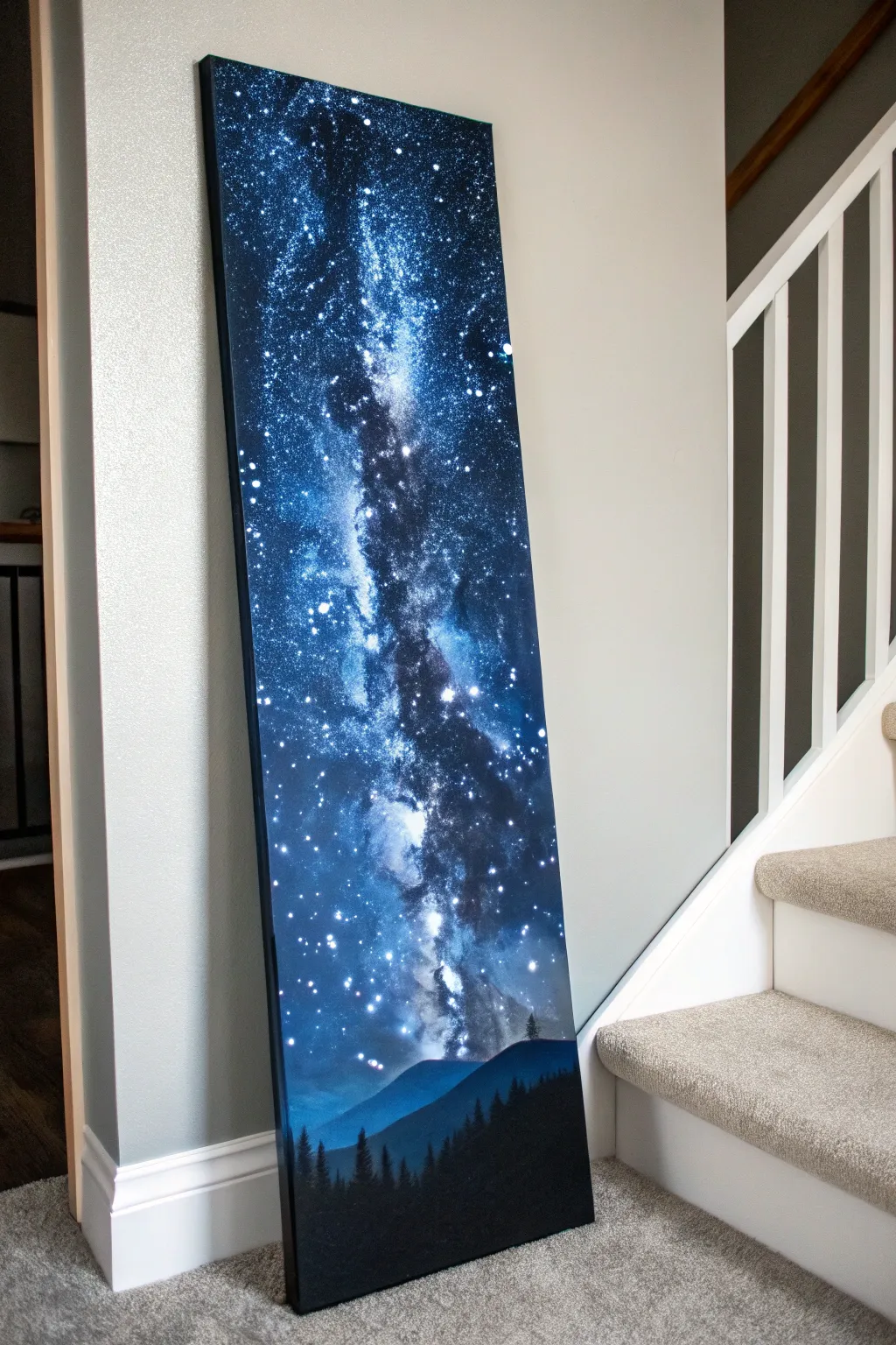 A vertical night sky column with glowing star trails, minimalist and moody with handcrafted texture