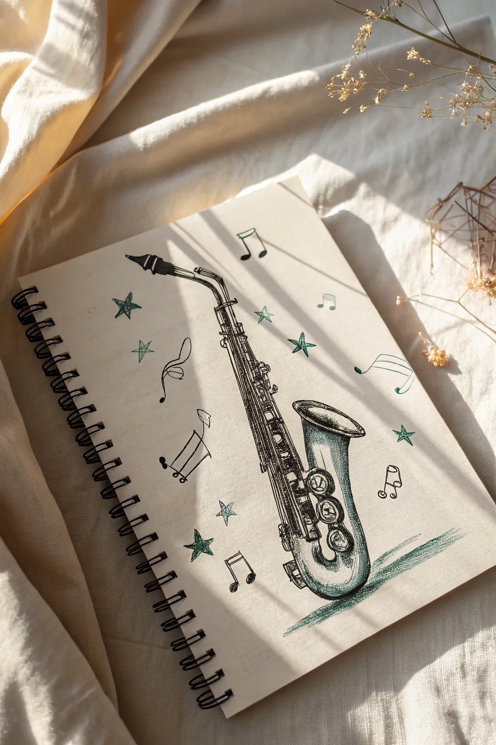 Louisiana jazz vibes in a minimalist doodle spread with a bold horn and floating notes