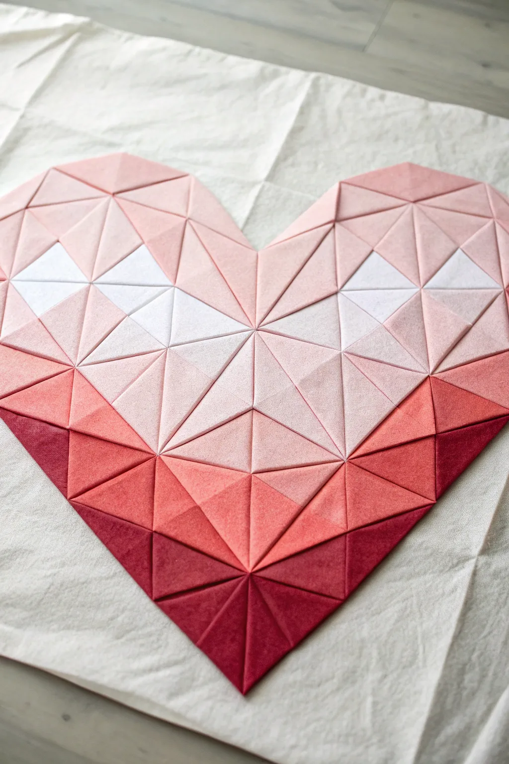 Modern mosaic heart in blush-to-crimson gradient, crisp facets for a bold romantic vibe.