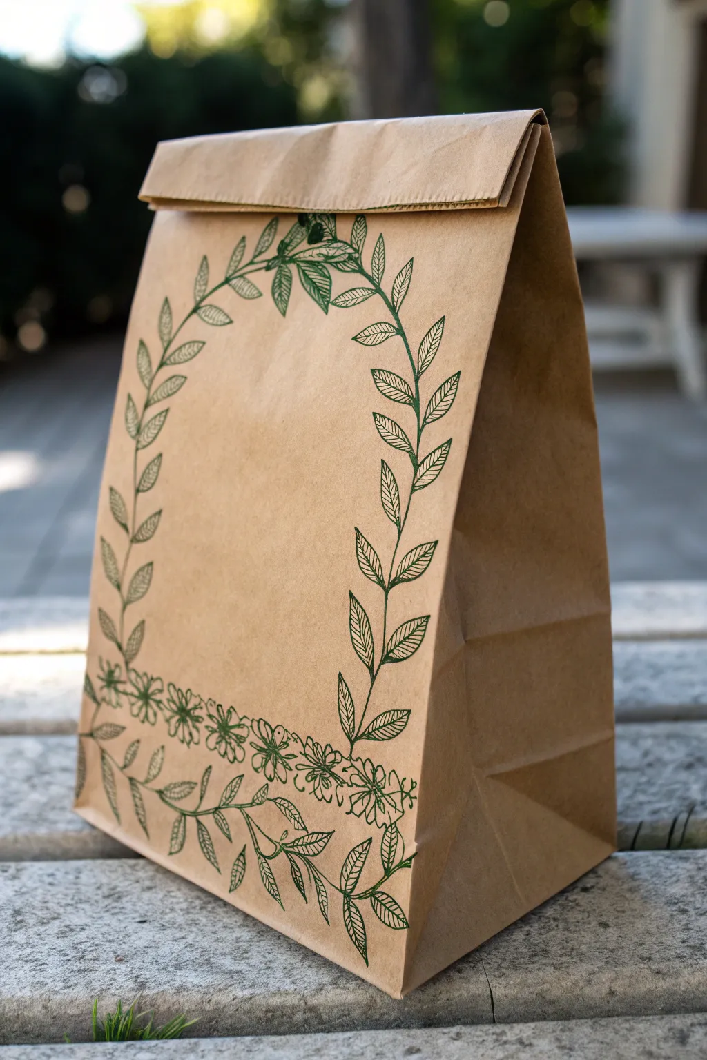 Minimal leaf garland border on a kraft lunch bag, with clean blank space for a note