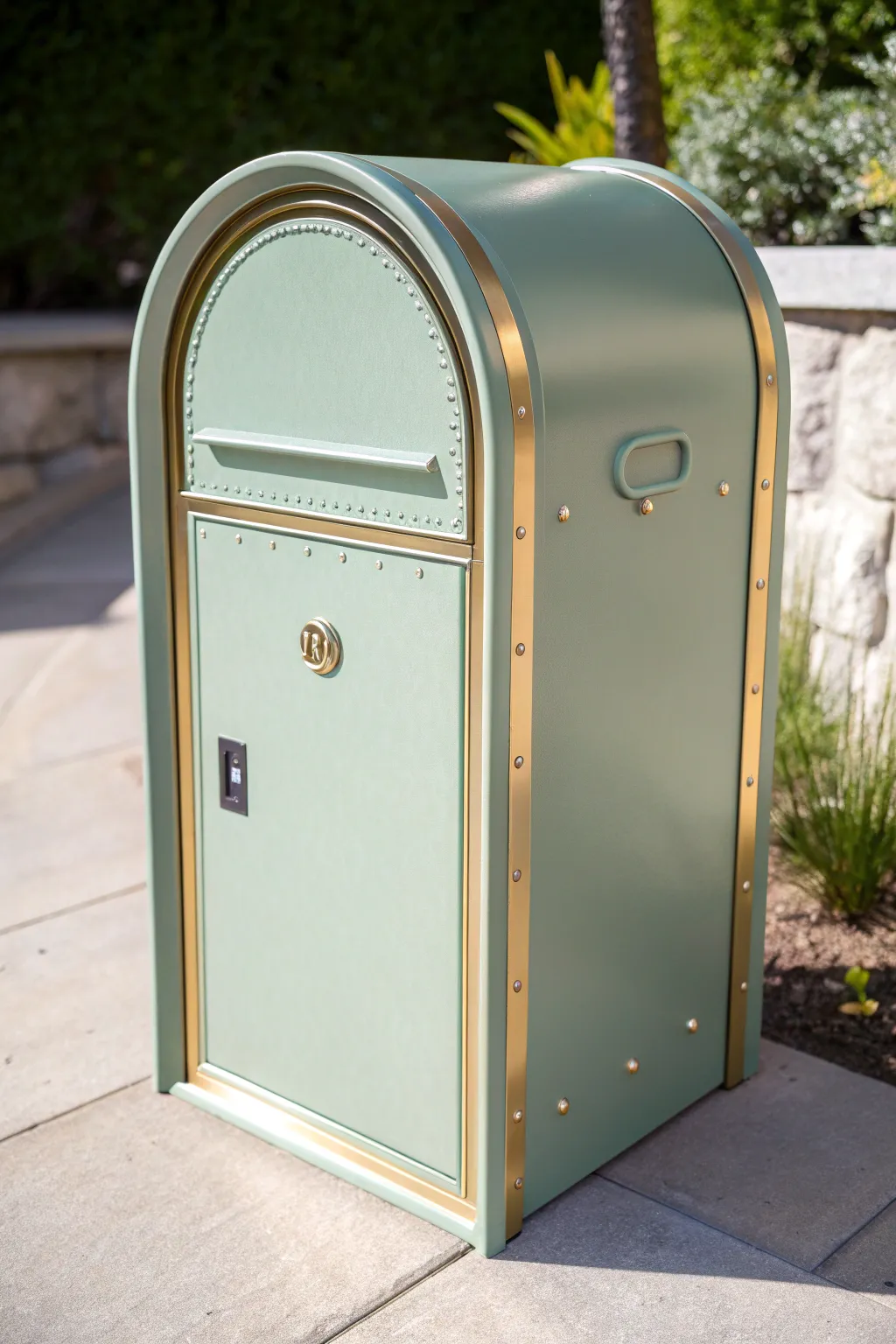 Minimal sage mailbox with brass edge accents, captured in sun for a clean shimmering highlight.