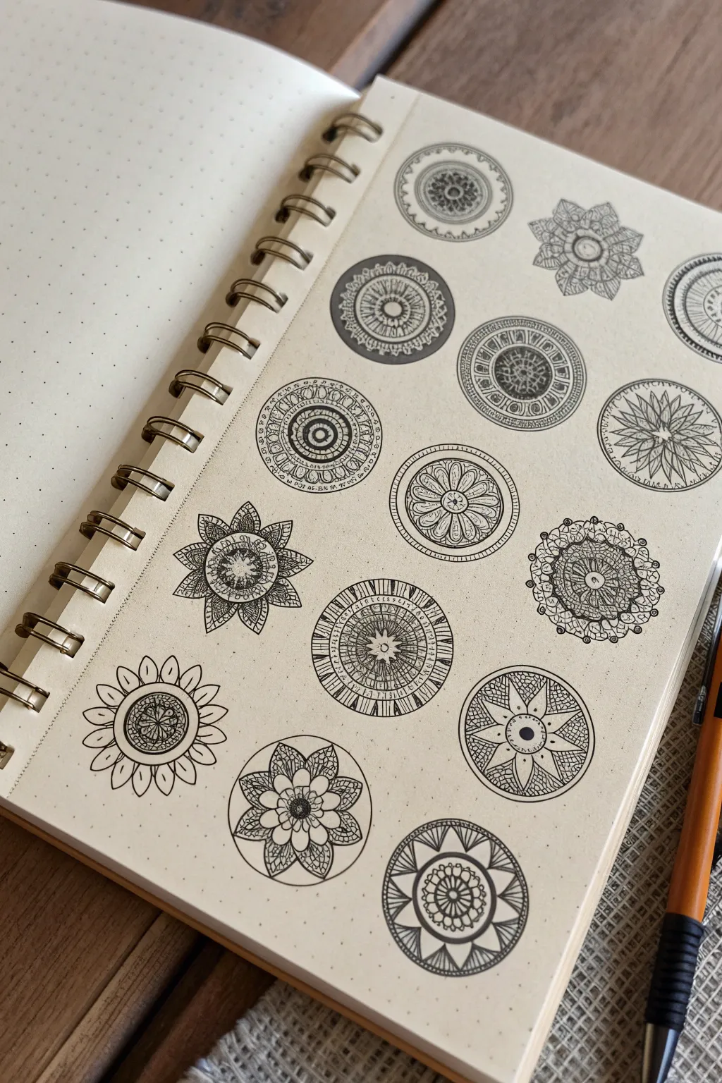 Mini mandalas arranged like stickers on a clean sketchbook page, ready for pattern play.