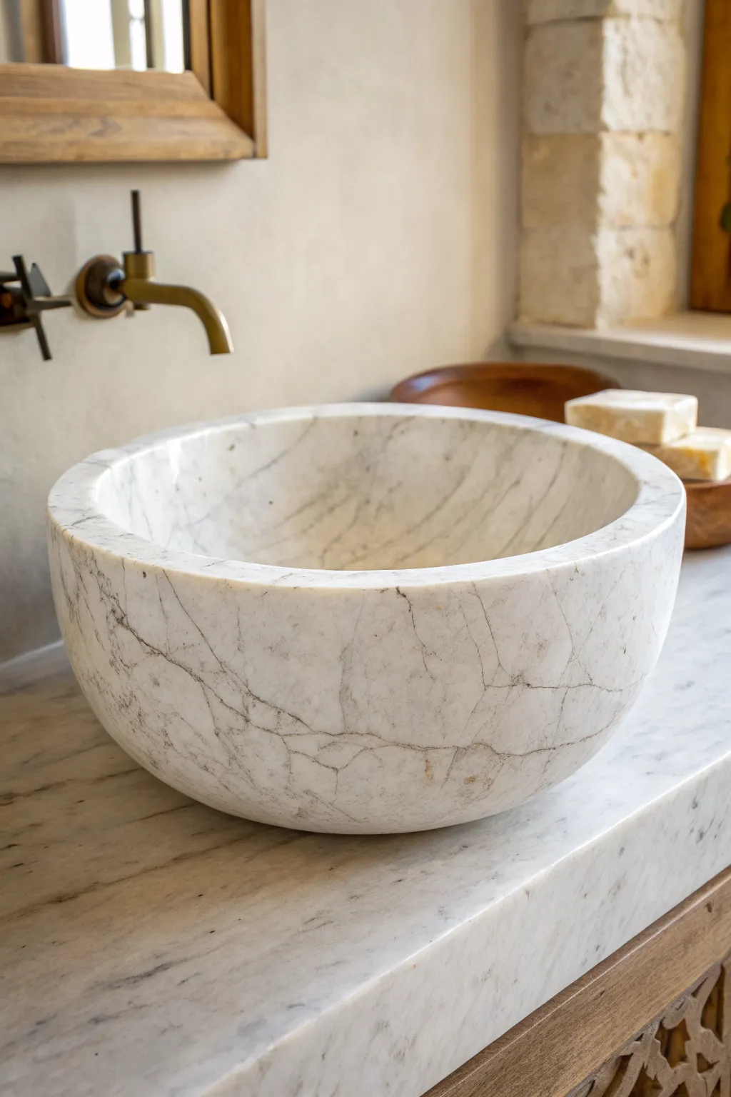 Sculptural marble sink with flowing veining, minimalist styling, and soft natural light.