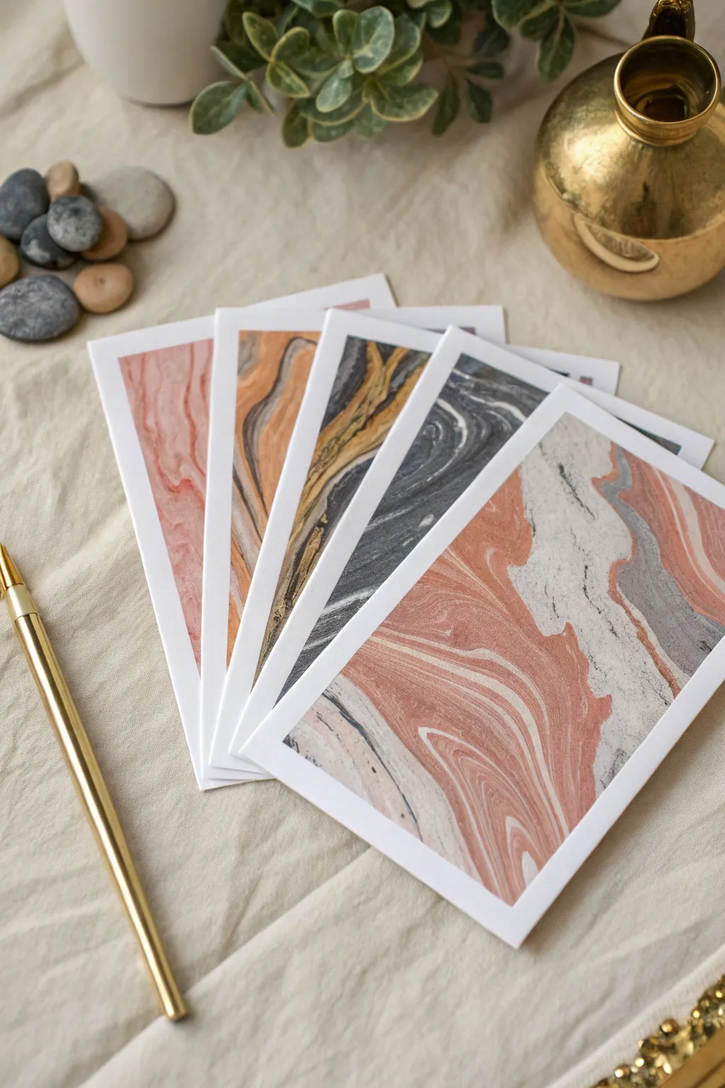 Neat mini marble postcards with crisp borders, styled in soft Scandinavian boho light.