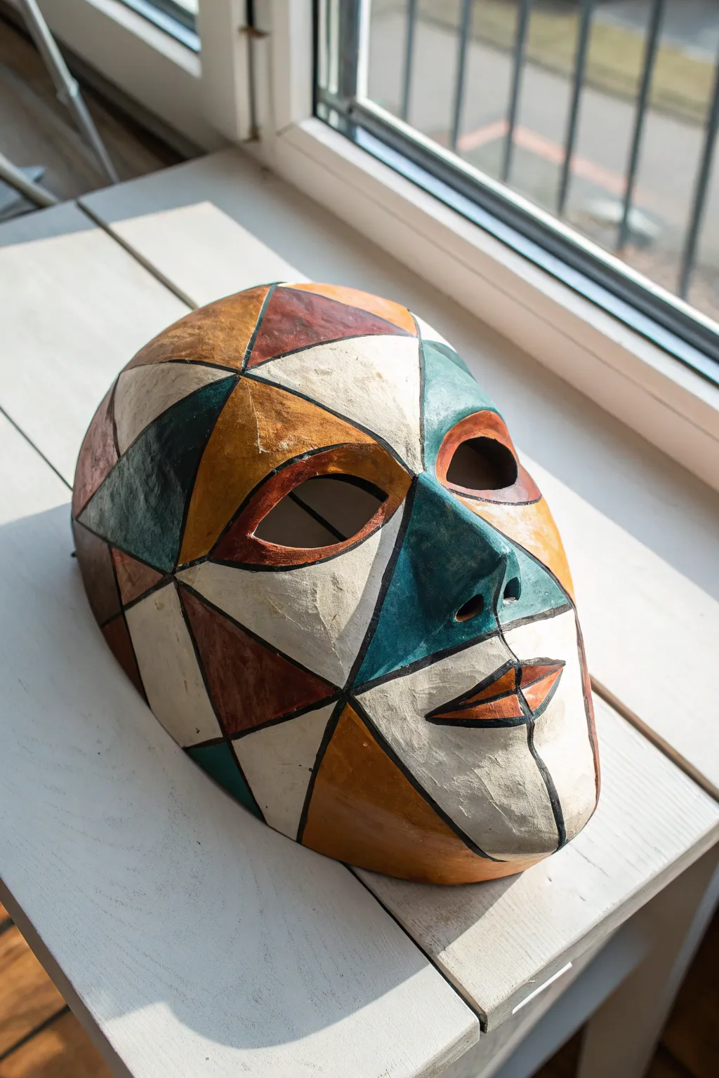 Bold geometric acrylic color-block mask with crisp edges, modern Scandinavian boho vibe