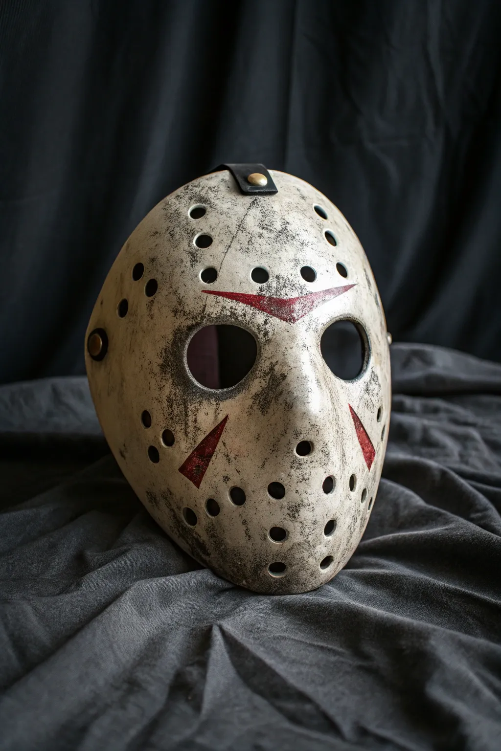 Weathered horror hockey mask with distressed paint and moody lighting for bold mask painting inspiration