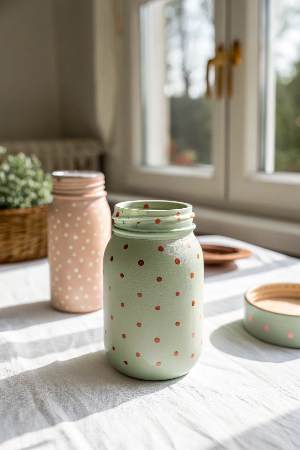 Hand-painted polka dot mason jar set in soft complementary hues, minimalist boho decor.