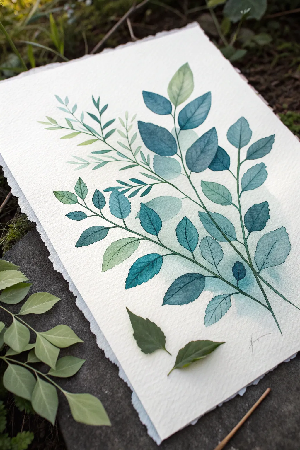 Watercolor negative painting leaves with layered washes from light to dark, simple and calming