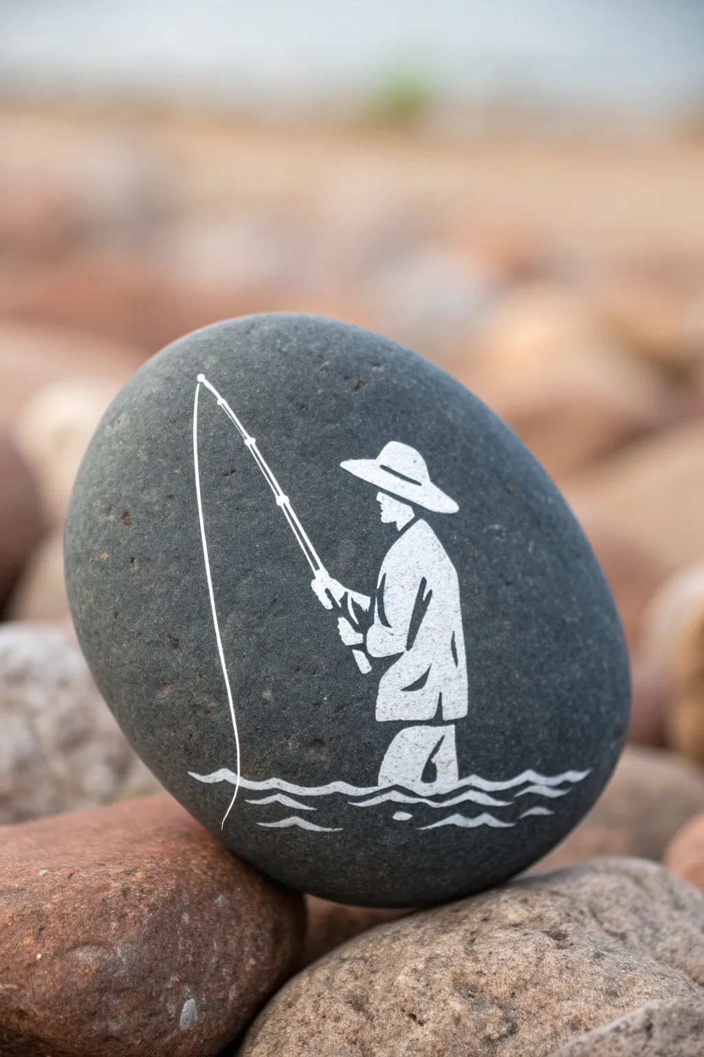 Minimalist memorial rock with hand painted silhouette tribute in warm Scandinavian boho style
