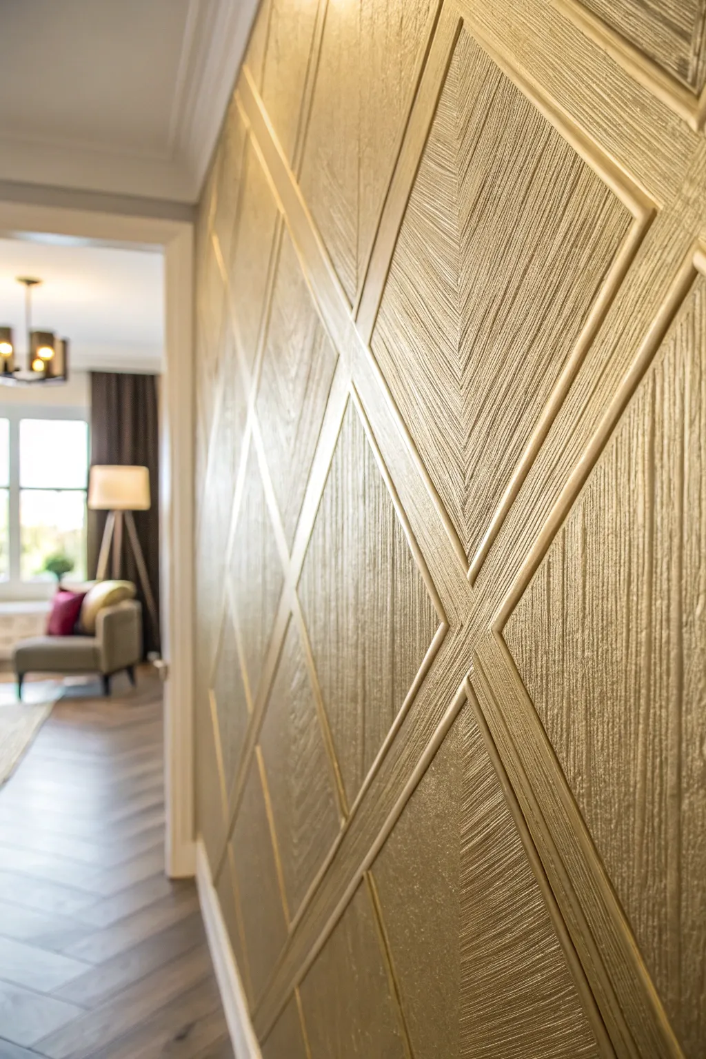 Brushed metallic crosshatch texture, side-lit shimmer and crisp X strokes for a chic wall finish.