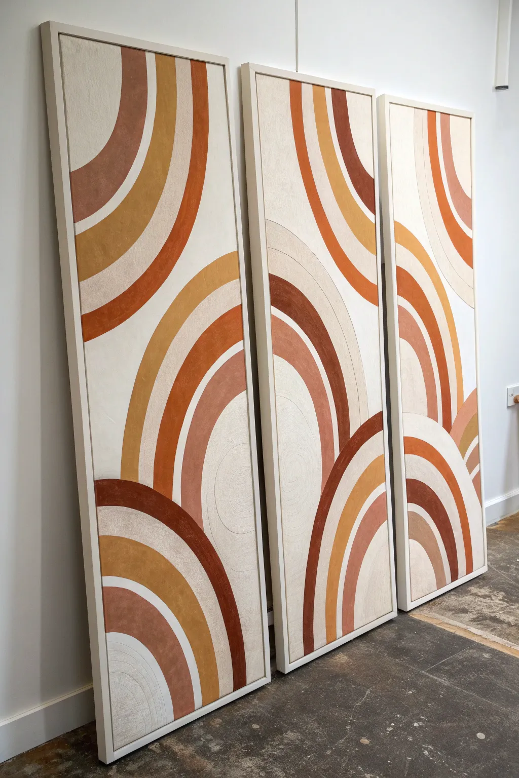 Mid-century triptych: three coordinated abstract panels with flowing shapes and earthy contrast