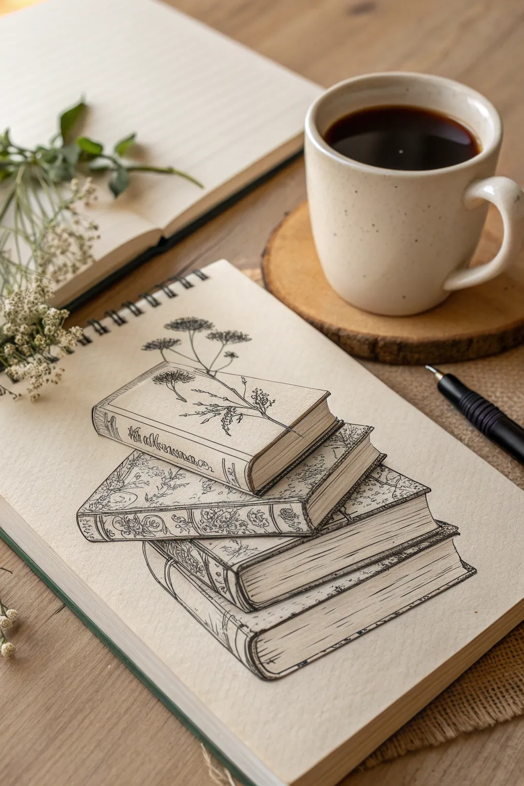 Capture cozy vibes with this simple stacked books sketch idea.