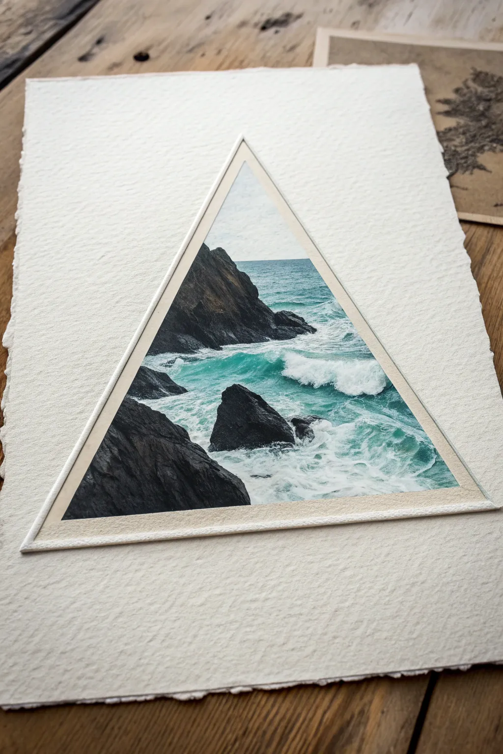 Mini seaside cliff inside a clean triangle frame, perfect minimalist-boho miniature drawing inspiration.