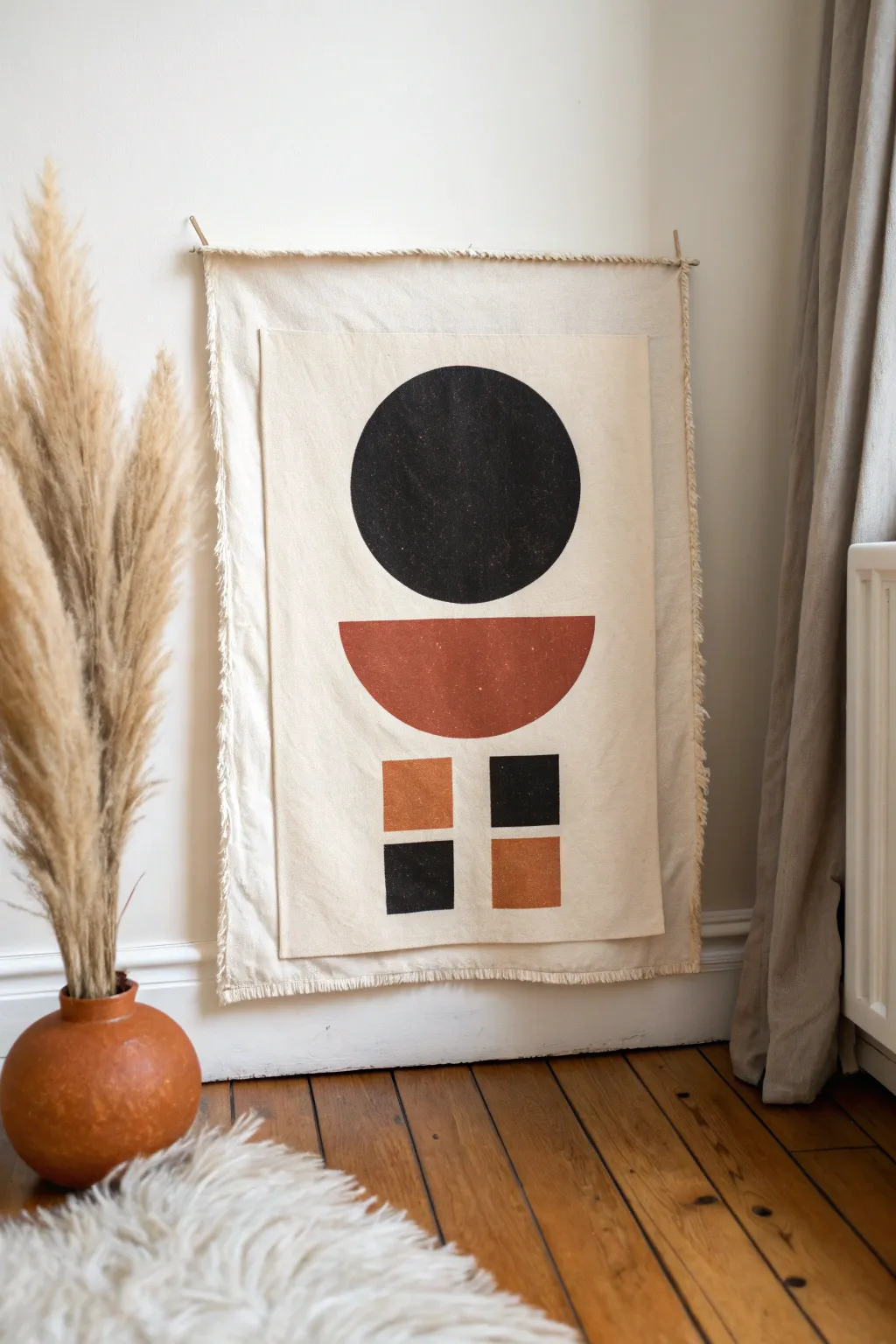 Minimalist three-shape balance using circle, rectangle, and line in calm muted tones