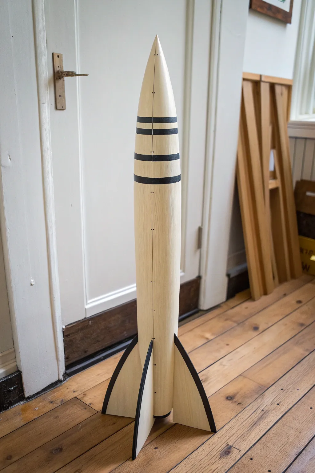 Tape-pull pinstripes on a model rocket, crisp and even lines with precision at the fin root