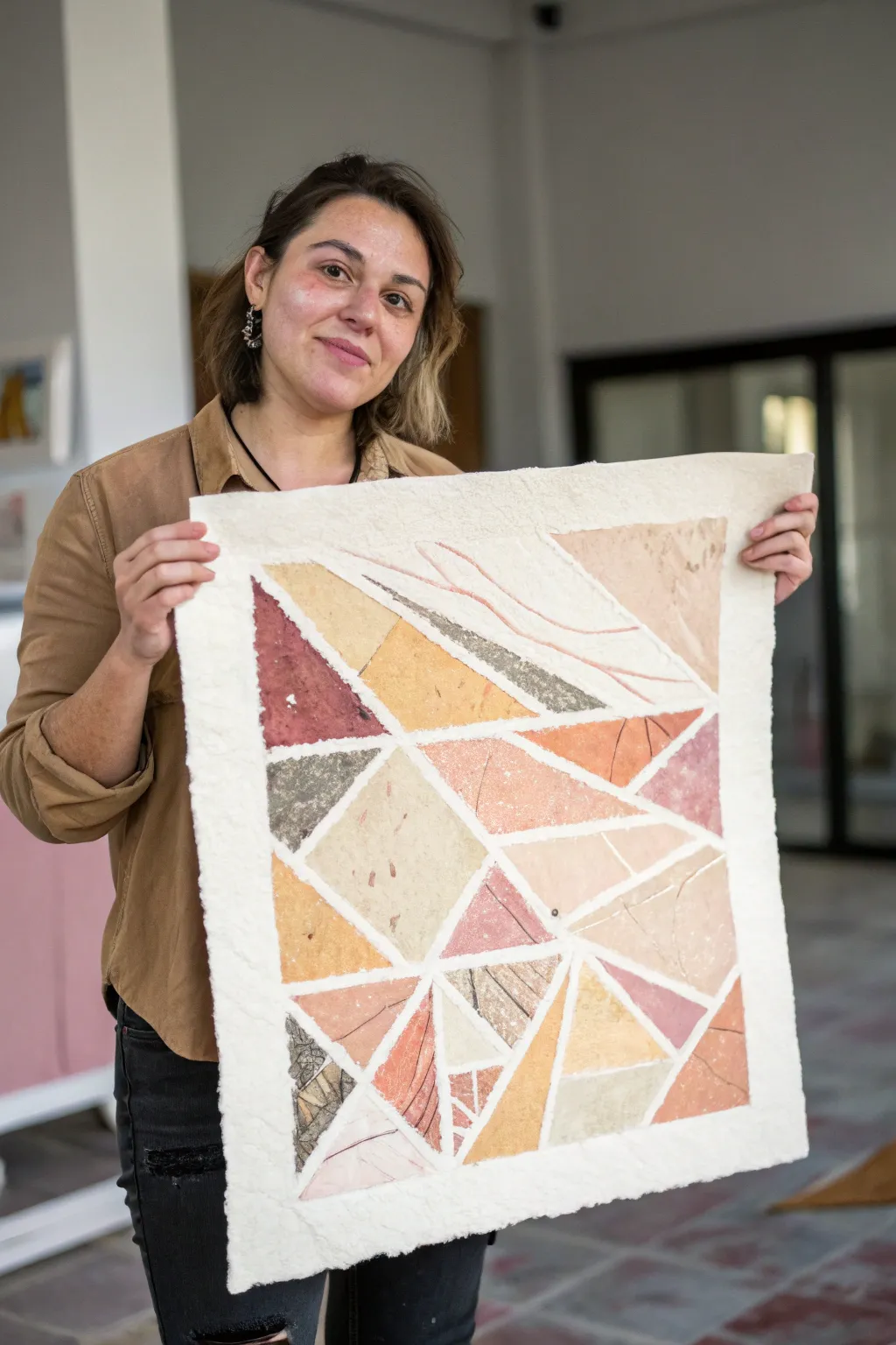 Modern mixed media collage: torn paper layers, soft paint washes, and bold matte-gloss contrast