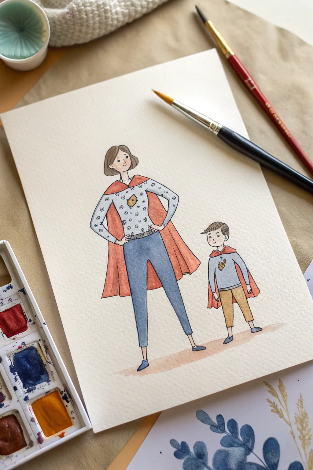 Paint a sweet superhero duo: strong mom and brave son in bold, simple shapes and warm neutrals