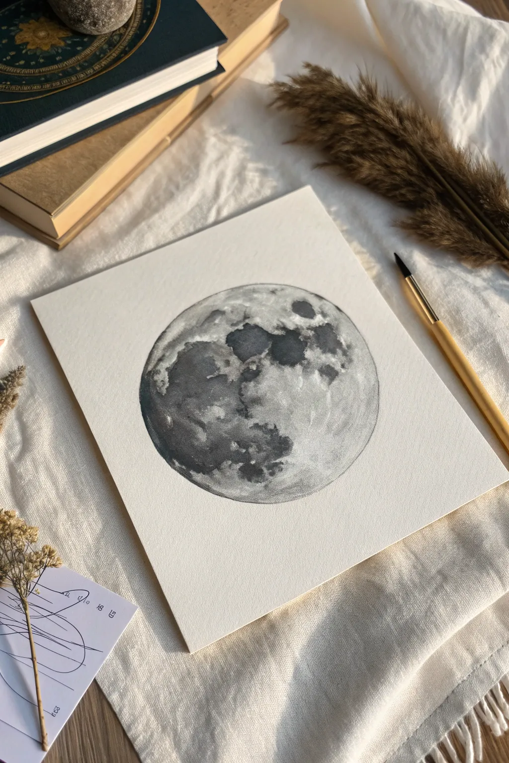 Textured dry-brush moon study with soft maria and crater detail in calm minimalist neutrals