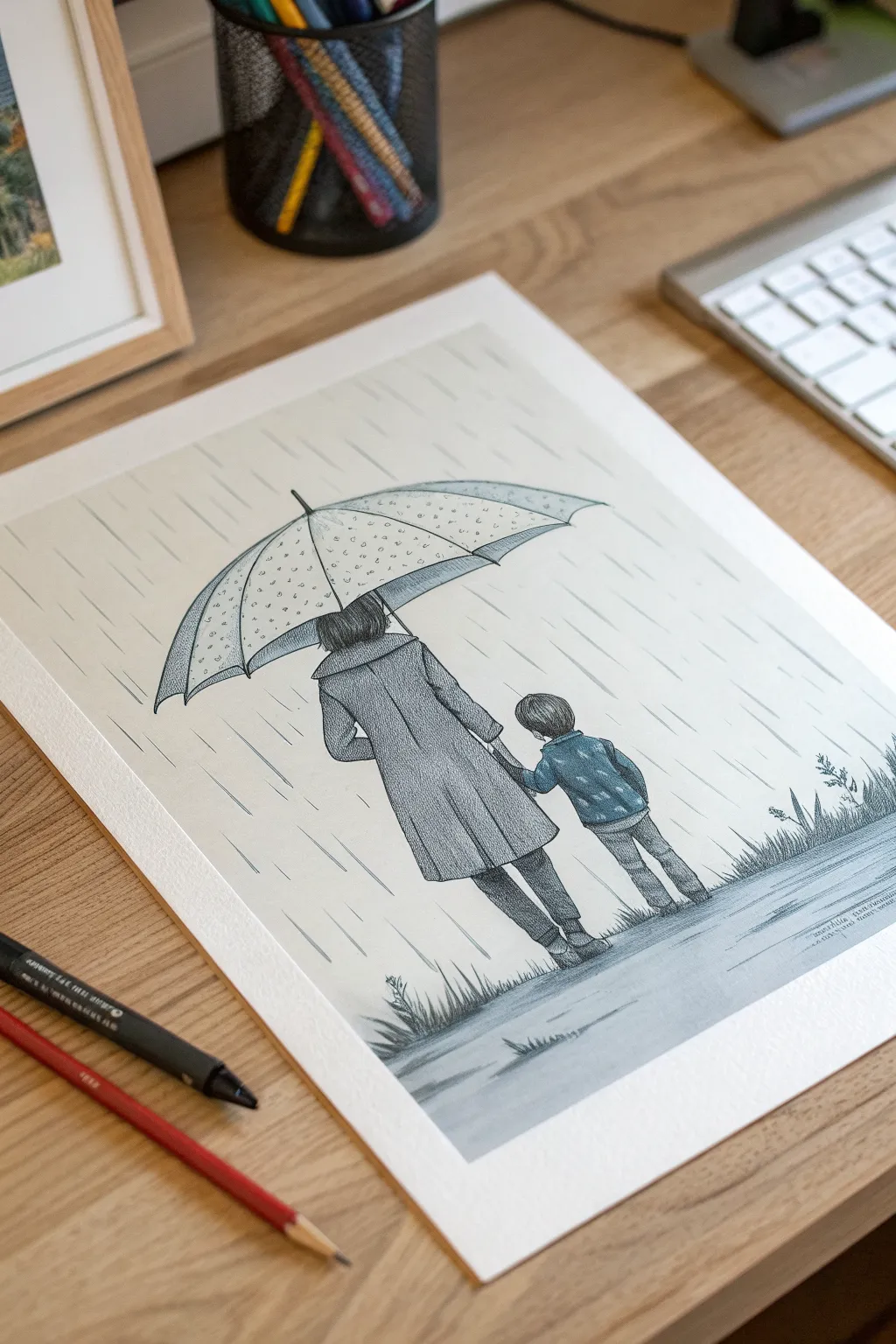 Rainy-day bond: minimalist mother and son under one umbrella, gentle ink and watercolor mood.