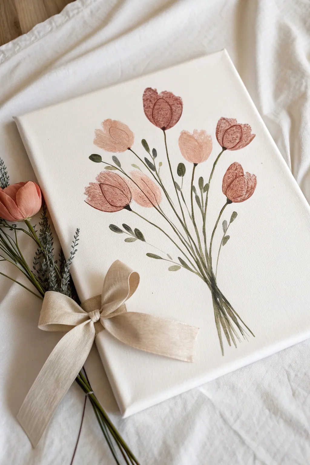 Fingerprint flower bouquet made together: moms bold blooms, daughters tiny petals, tied with a simple ribbon.