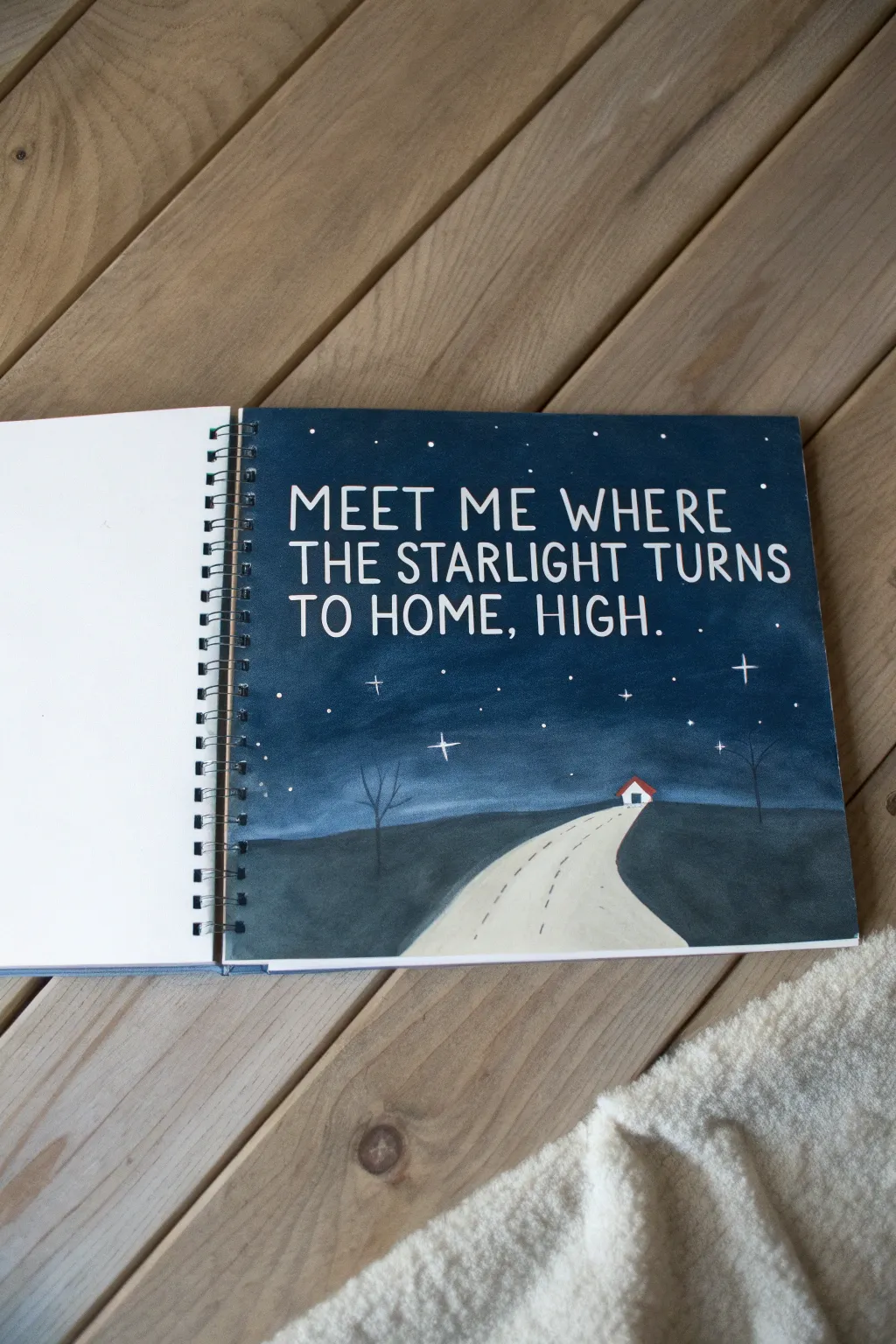 Minimal movie quote painting idea: indigo night road scene with bold hand lettering