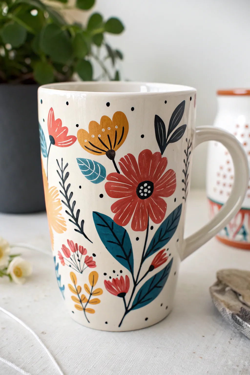 Bold folk-art florals on a clean mug, with simple shapes, cheerful color, and handmade charm.