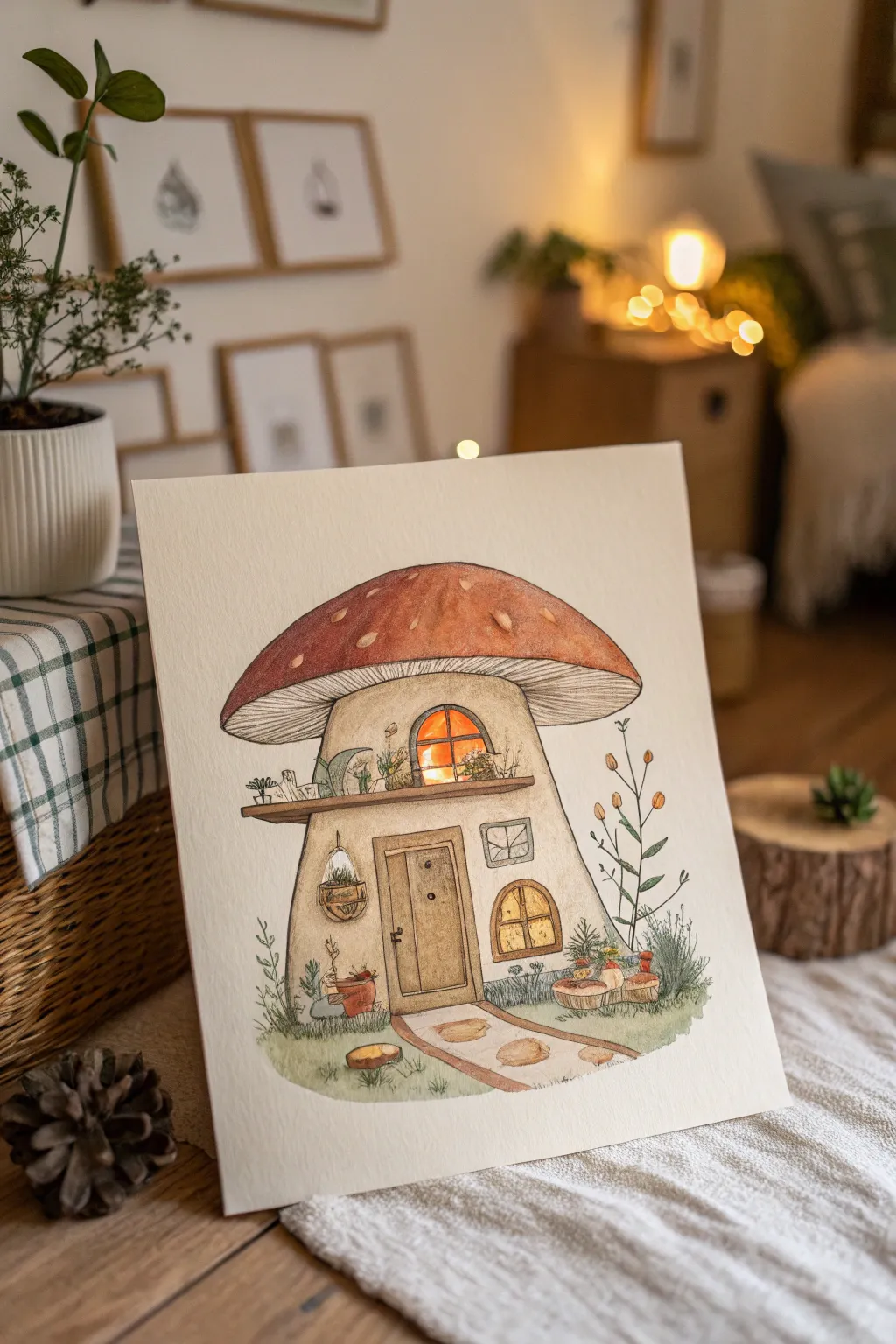 Cutaway mushroom house drawing with a warm, cozy interior glow in minimalist Scandi-boho style