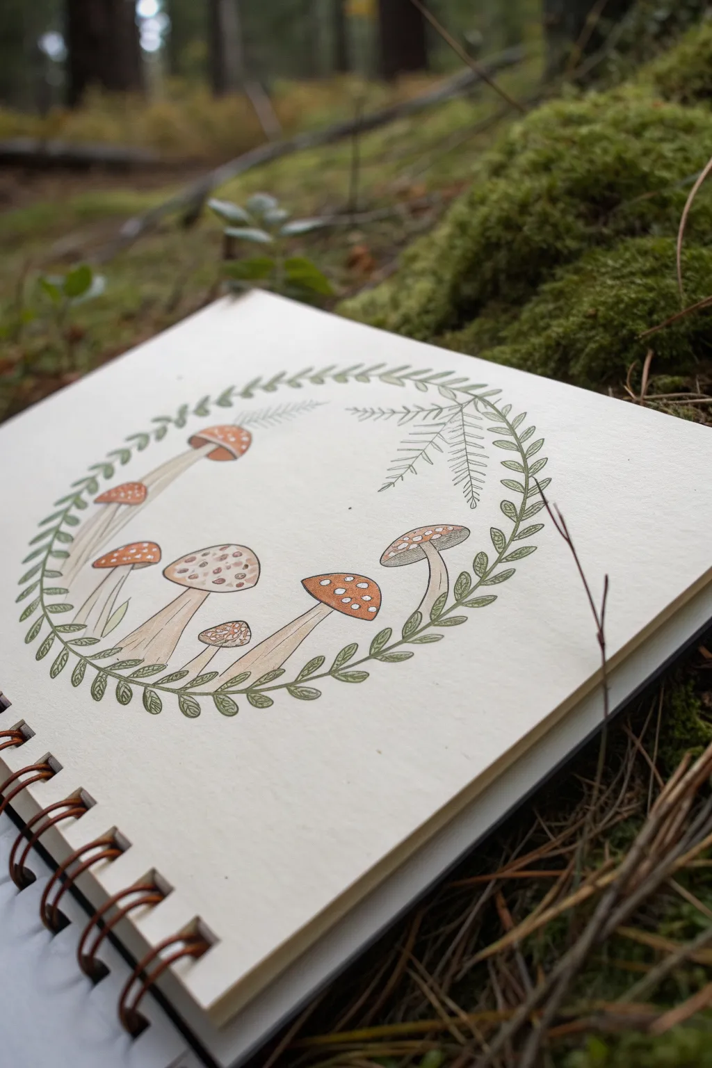 Minimal weirdcore fairy-ring: watching-eyed mushroom caps in soft fog, clean Scandinavian lines