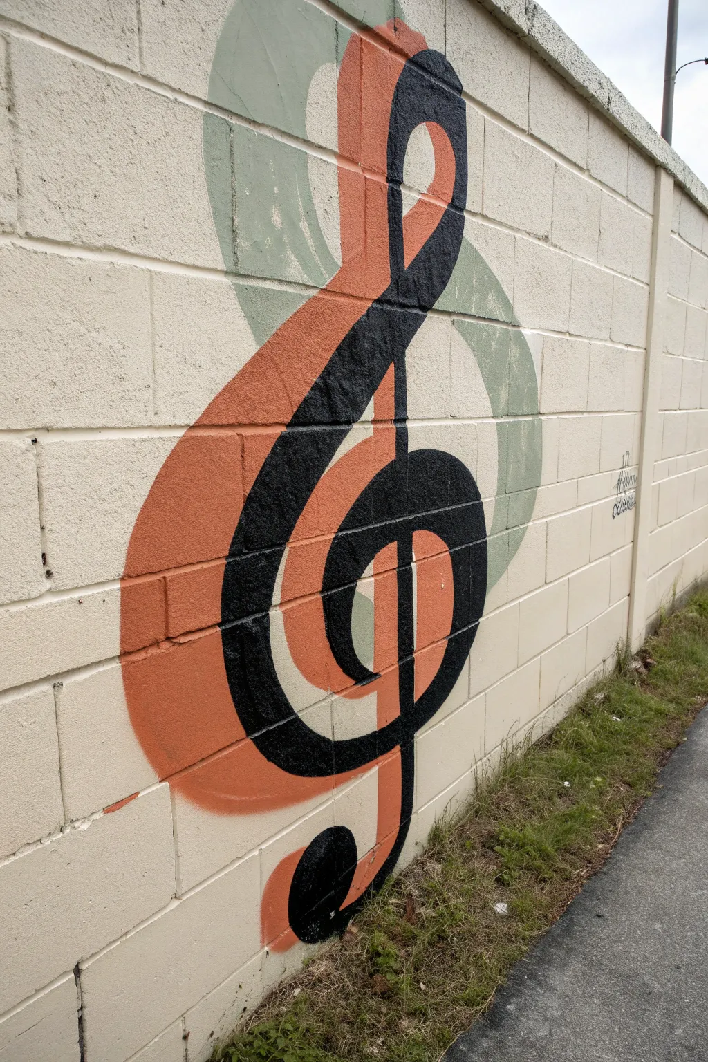 Bold treble clef mural with layered spray textures and drips for an energetic music wall