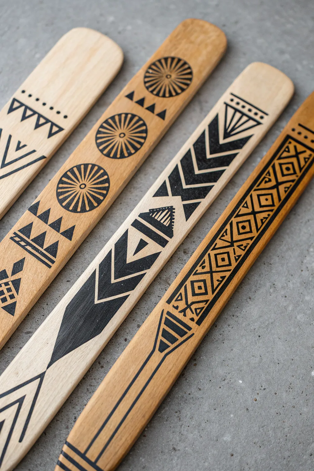 Mini motif set: three bold geometric stick patterns in a clean Scandinavian boho flat lay