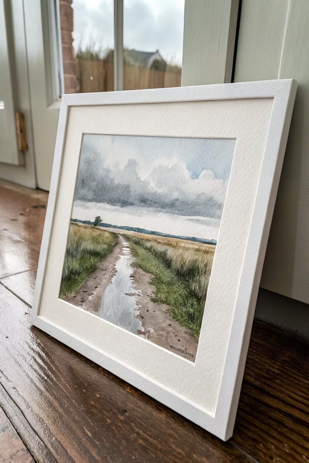 Moody rainy path with puddle reflections, minimalist watercolor vibe for easy nature painting ideas