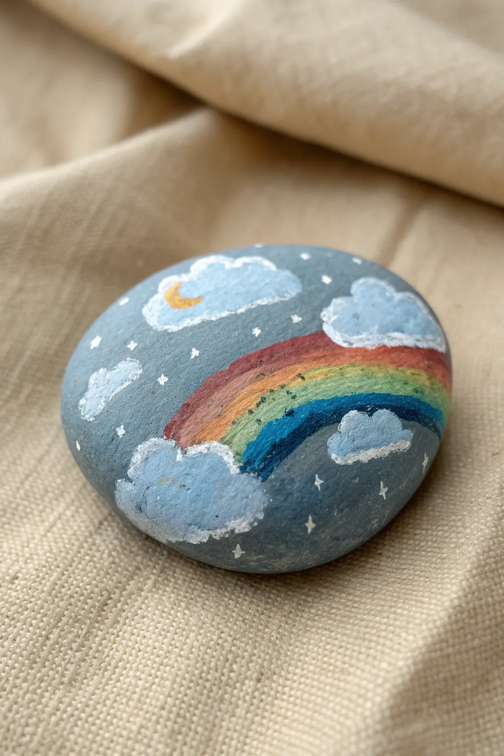 Rain cloud rock painting with a tiny rainbow, calm Scandinavian mood and cozy boho vibe.