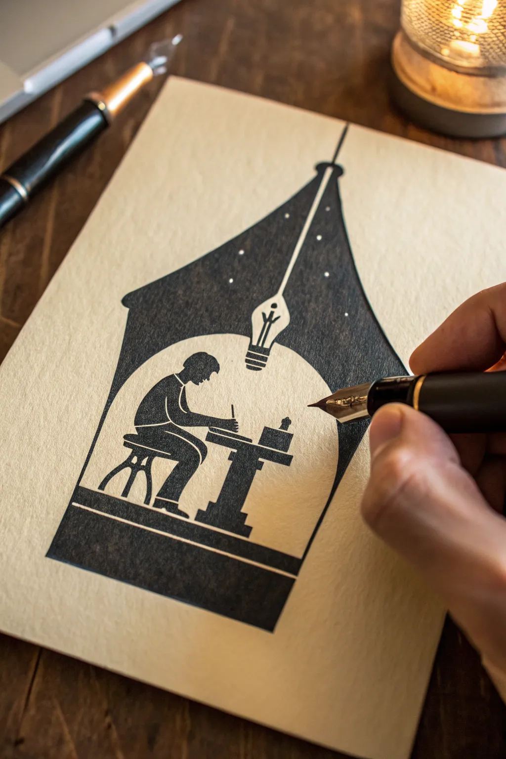 A bold pen nib silhouette reveals a tiny desk scene in negative space, moody and minimal.