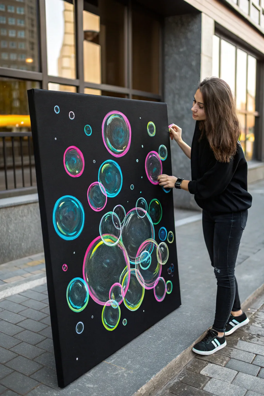 Neon bubble orbs glow on matte black canvas, a minimalist boho accent for your wall.
