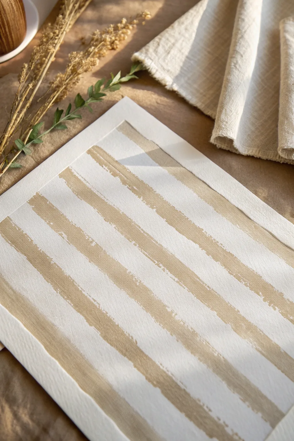 Neutral stripe study in cream, oat and taupe, styled with soft linen for cozy minimal calm.