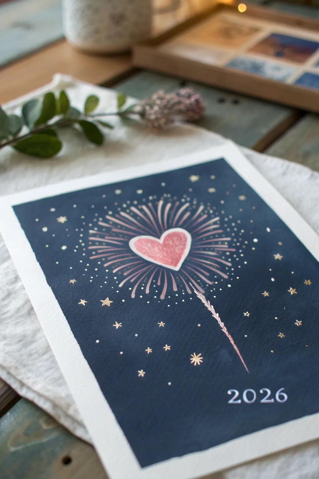 Minimal heart fireworks painting idea with a tiny 2026 detail, perfect for New Year wishes.
