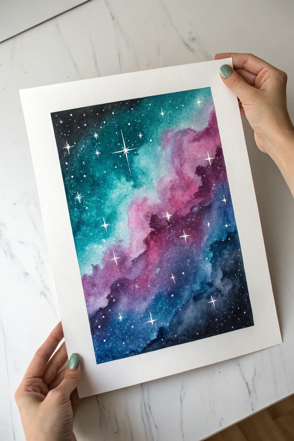 Soft layered nebula clouds in magenta, violet, and teal topped with crisp stars and glow.