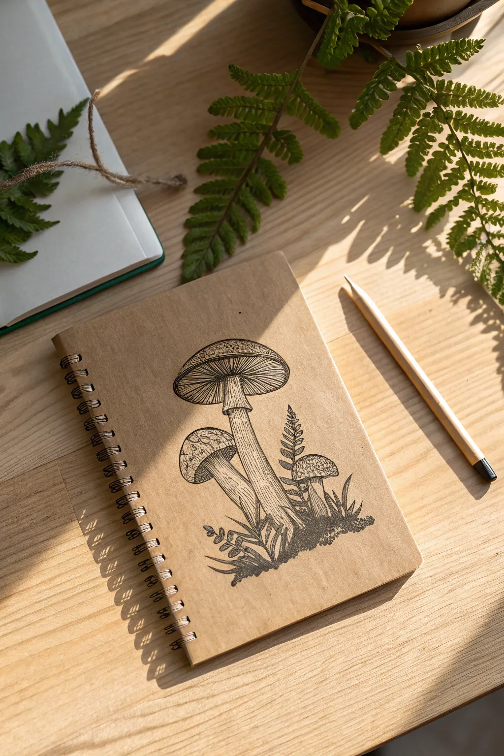 Vintage mushroom and fern corner sketch for a cozy minimalist notebook cover on warm wood.