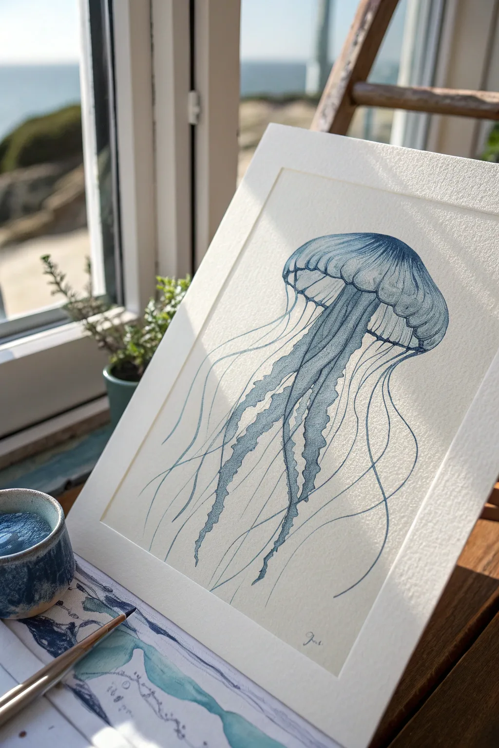 Translucent jellyfish sketch with flowing ribbon tentacles, minimalist ocean drawing inspiration
