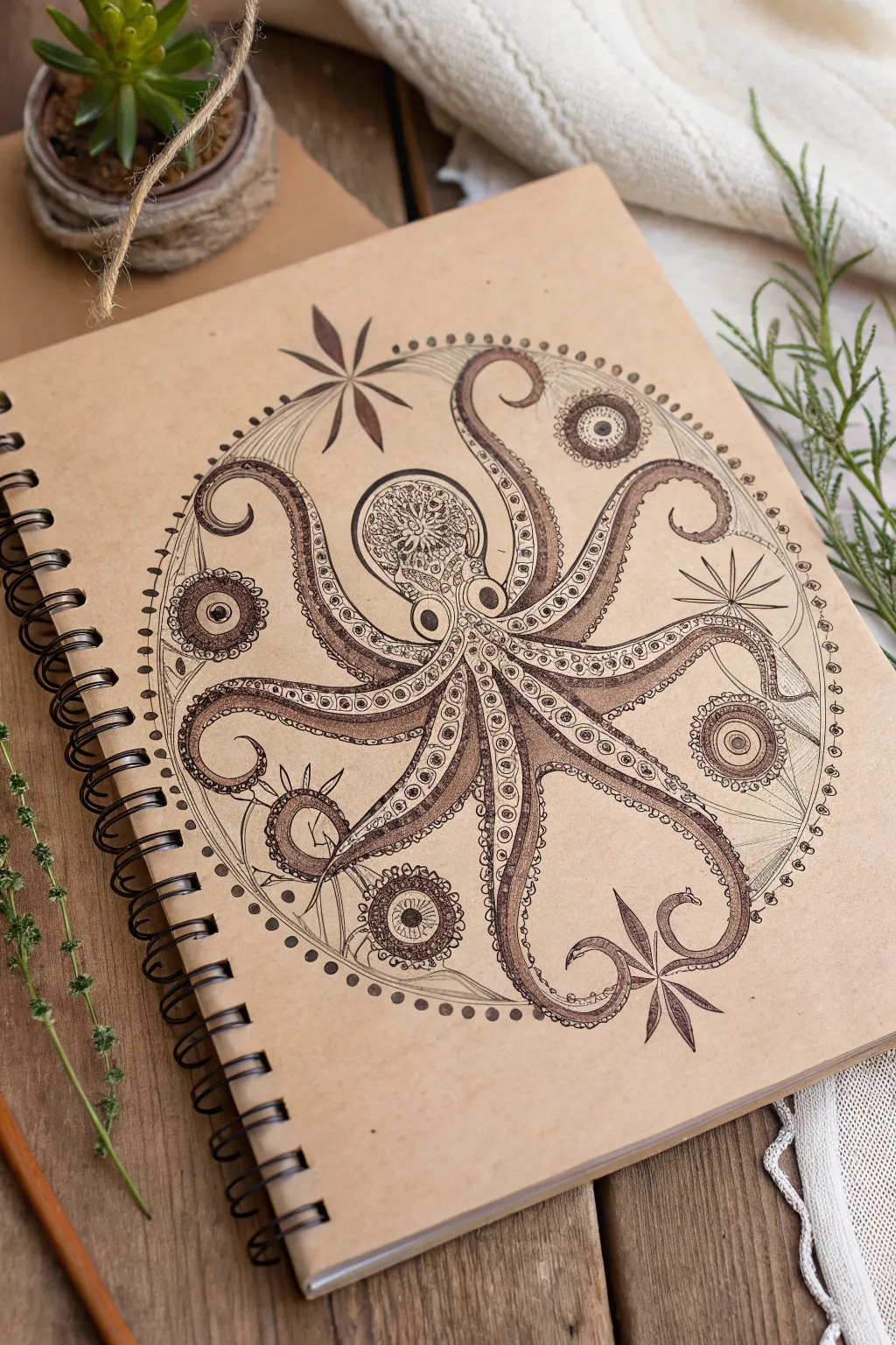 Symmetrical mandala octopus with hypnotic patterned suction cups in minimalist boho style.