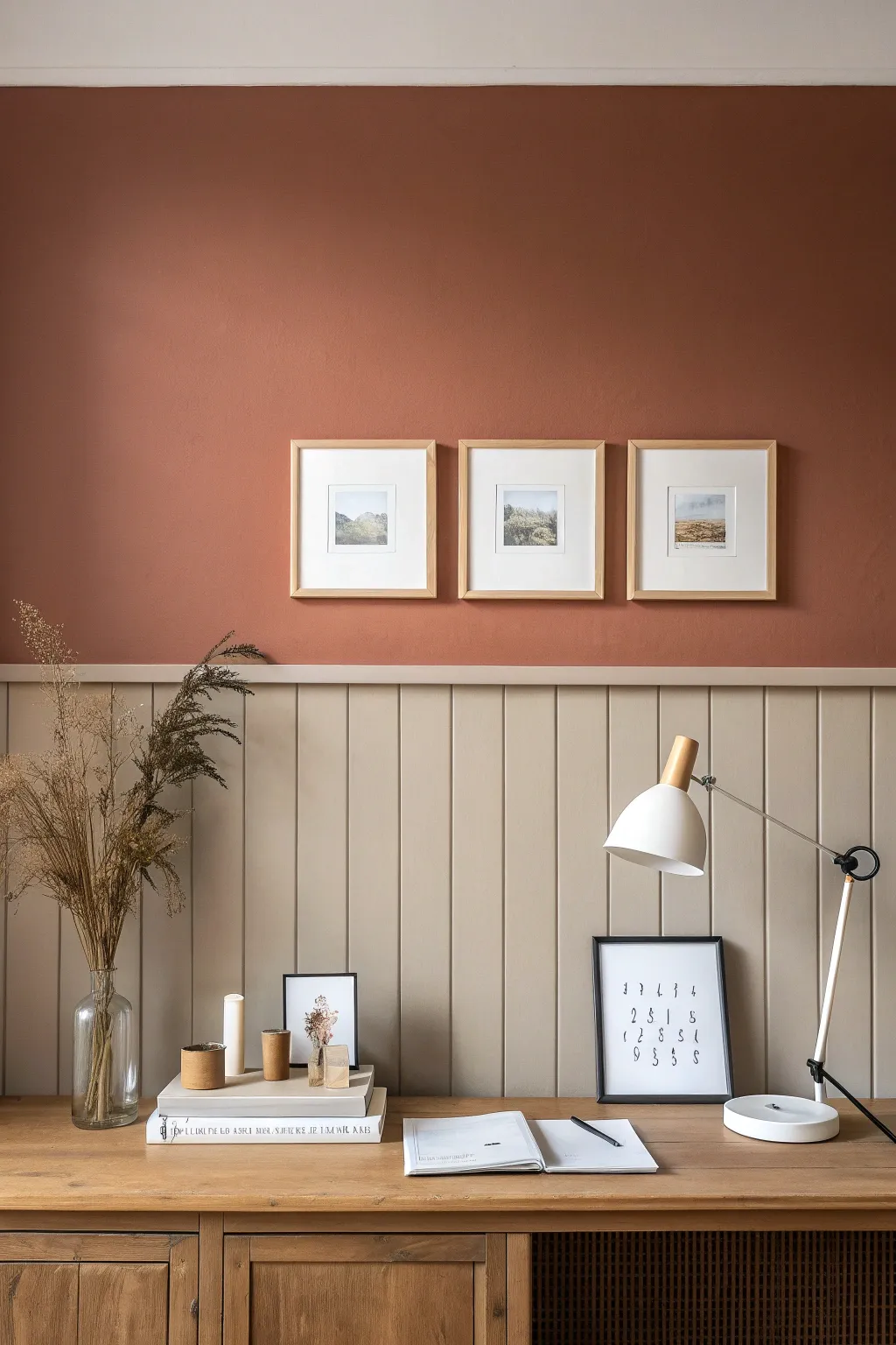 Half-painted wall plus a slim picture ledge makes a calm, organized boundary in your office.