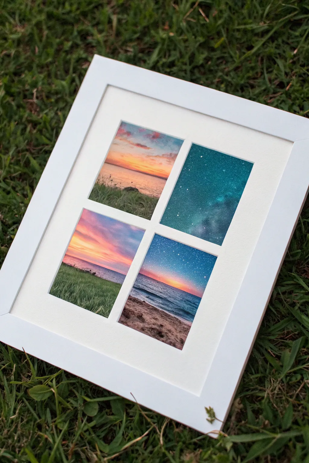 Crisp taped mini landscapes in a neat grid, with vibrant oil pastel skies and oceans.