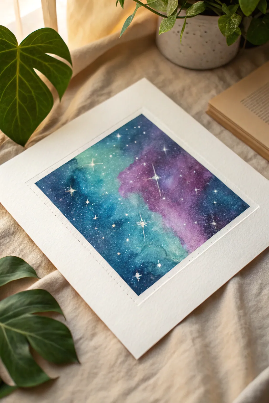 Create a galaxy sky in oil pastel: indigo violet teal blends with crisp sgraffito stars.