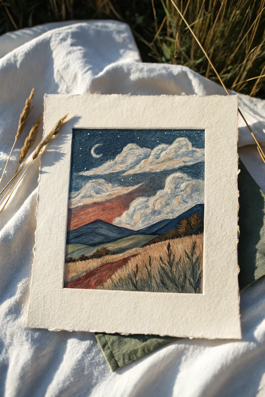 Limited-palette oil pastel mood study: three colors plus white, blended hills and clouds in calm contrast.